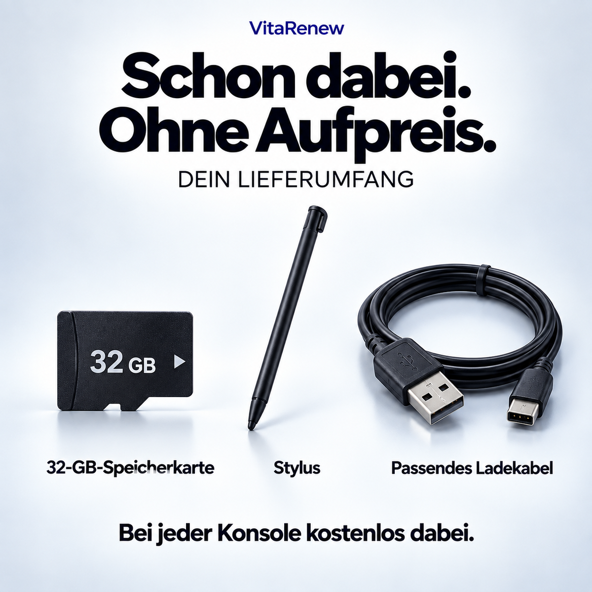 Kostenloser Lieferumfang: 32-GB-Speicherkarte, Stylus und passendes Ladekabel.