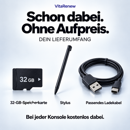 Kostenloser Lieferumfang: 32-GB-Speicherkarte, Stylus und passendes Ladekabel.