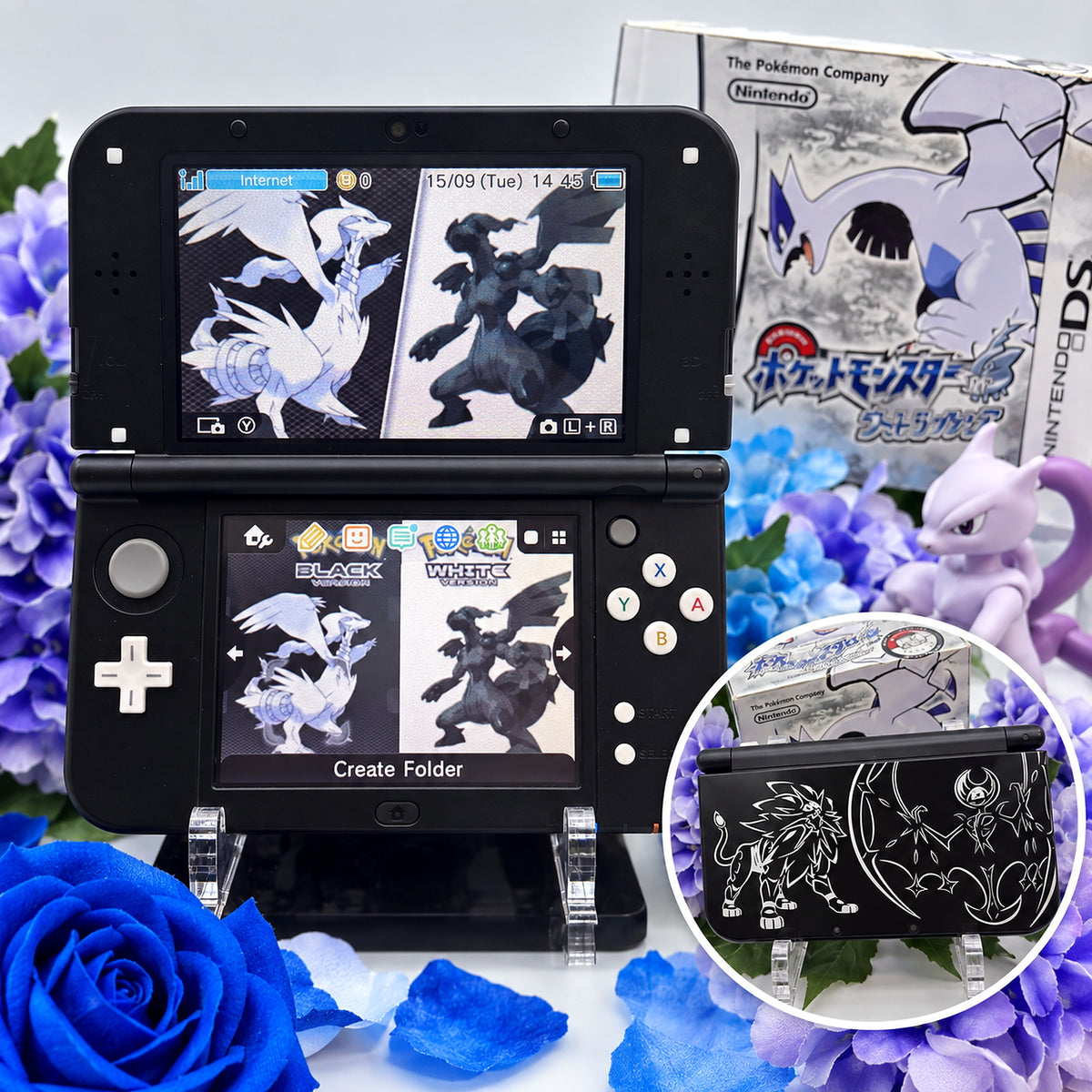Custom New Nintendo 3DS XL schwarz Pokemon Sonne Mond Titelbild mit Vergleichshintergrund und Spielbox